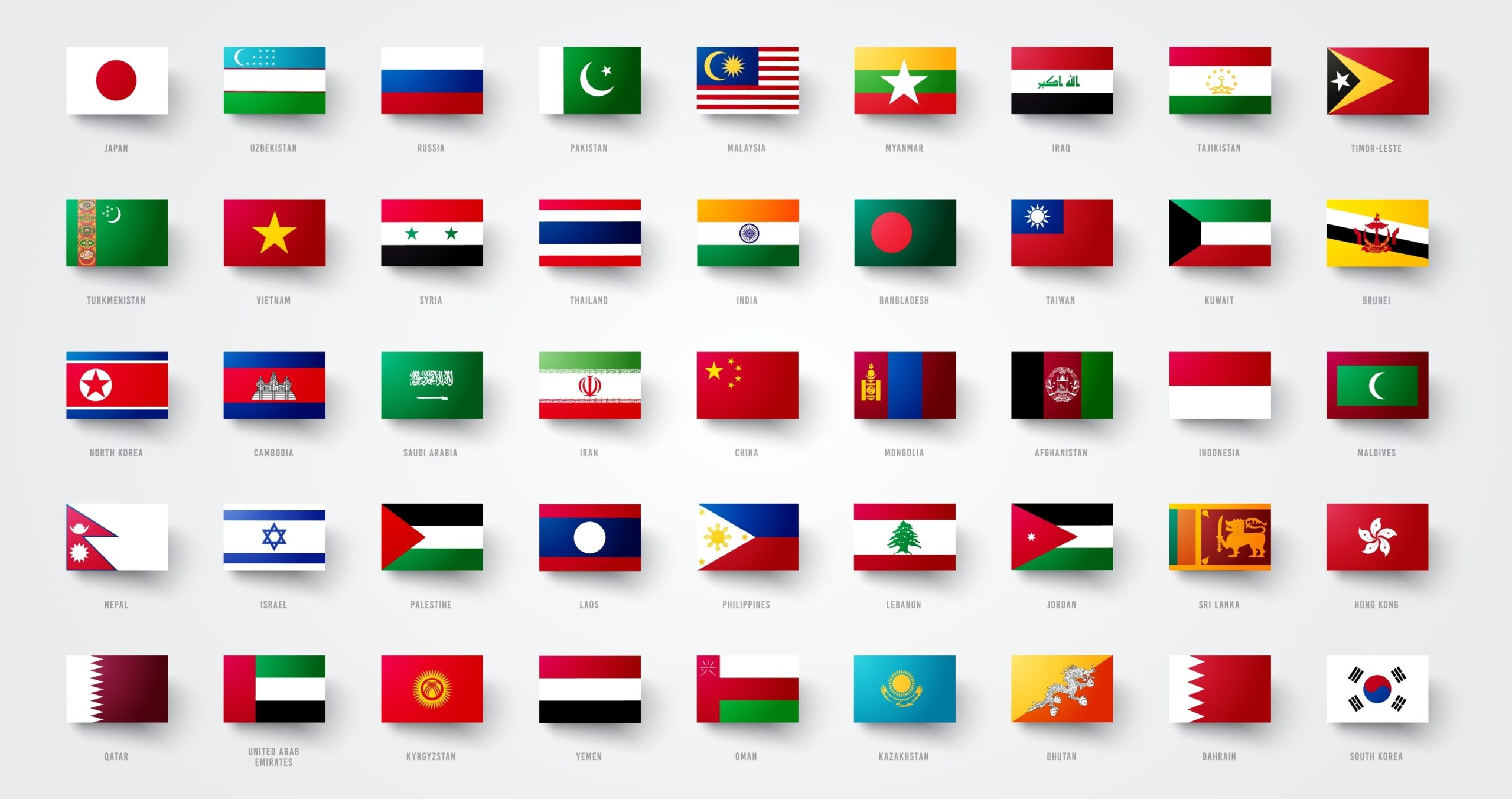 Square flags of all Asian countries