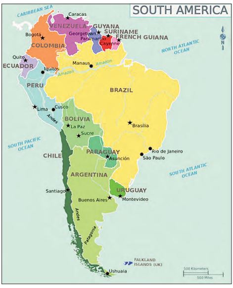 Map of the continent of South America