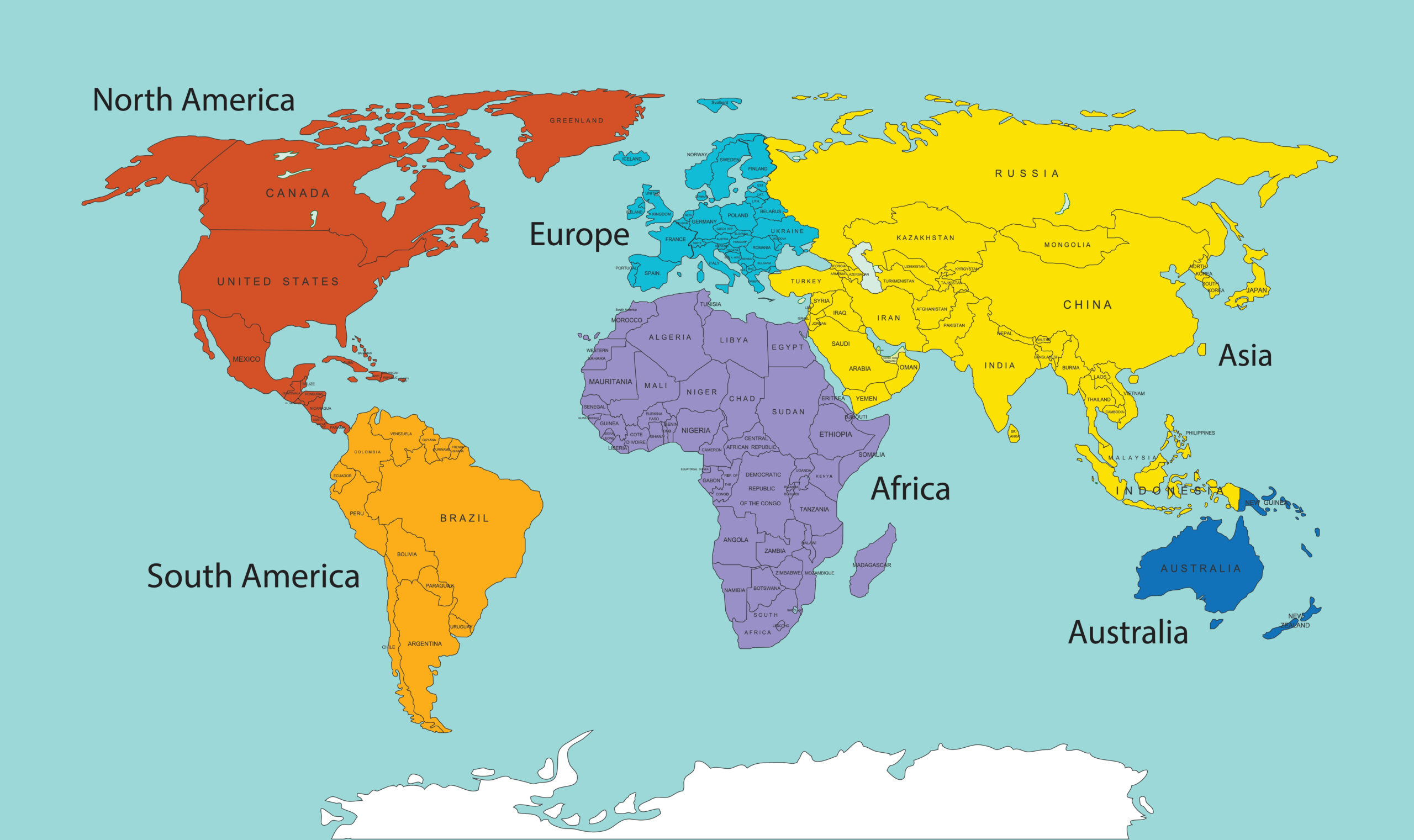 world,map,divided,into,six,continents,in,different,color.,world